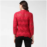 Maroon cotton long sleeves top with self-design pattern for women