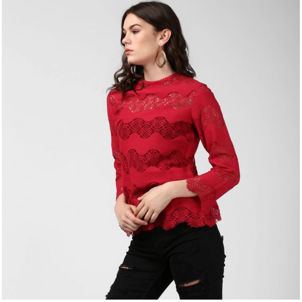 Maroon cotton long sleeves top with self-design pattern for women's fashion, close-up view
