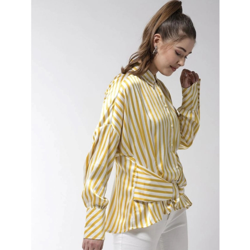 Women's yellow polyester striped long sleeves top with collar, ideal for fashionable casual wear
