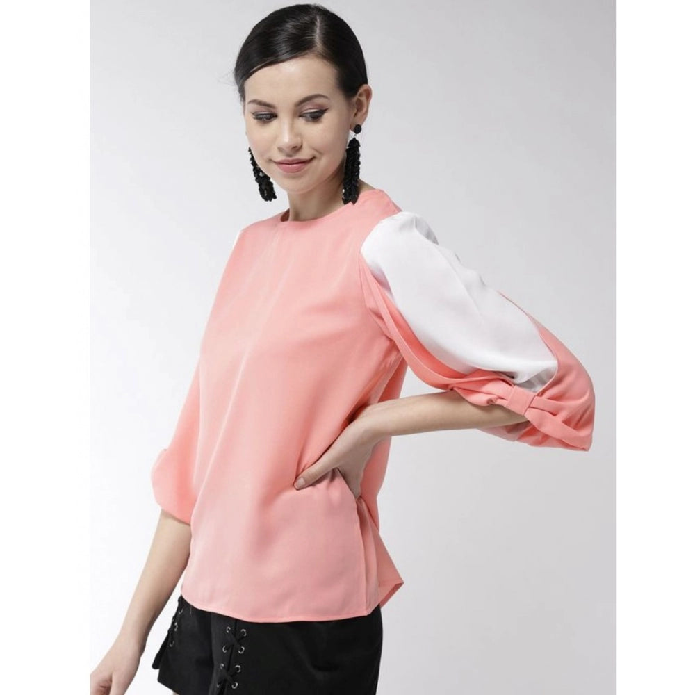 Pink polyester color block slit sleeve top for women, round neck design
