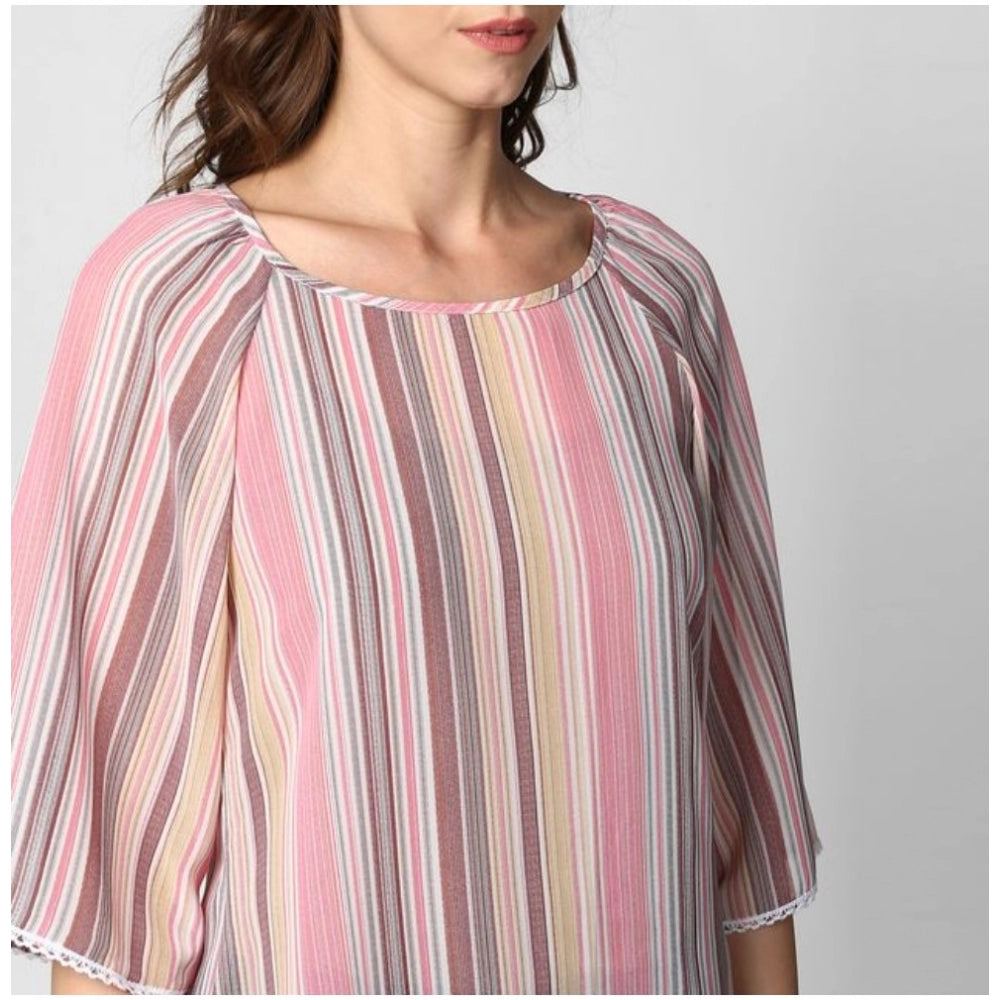 Women's pink striped polyester 3/4 sleeves top, round neck style on mannequin