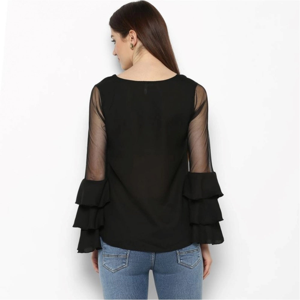 Black polyester tier sleeve top for women's fashion, solid design with round neck