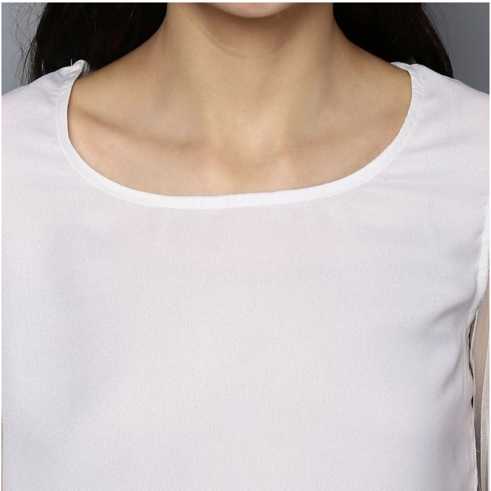 White polyester solid tier sleeve top for women, perfect casual wear with round neck