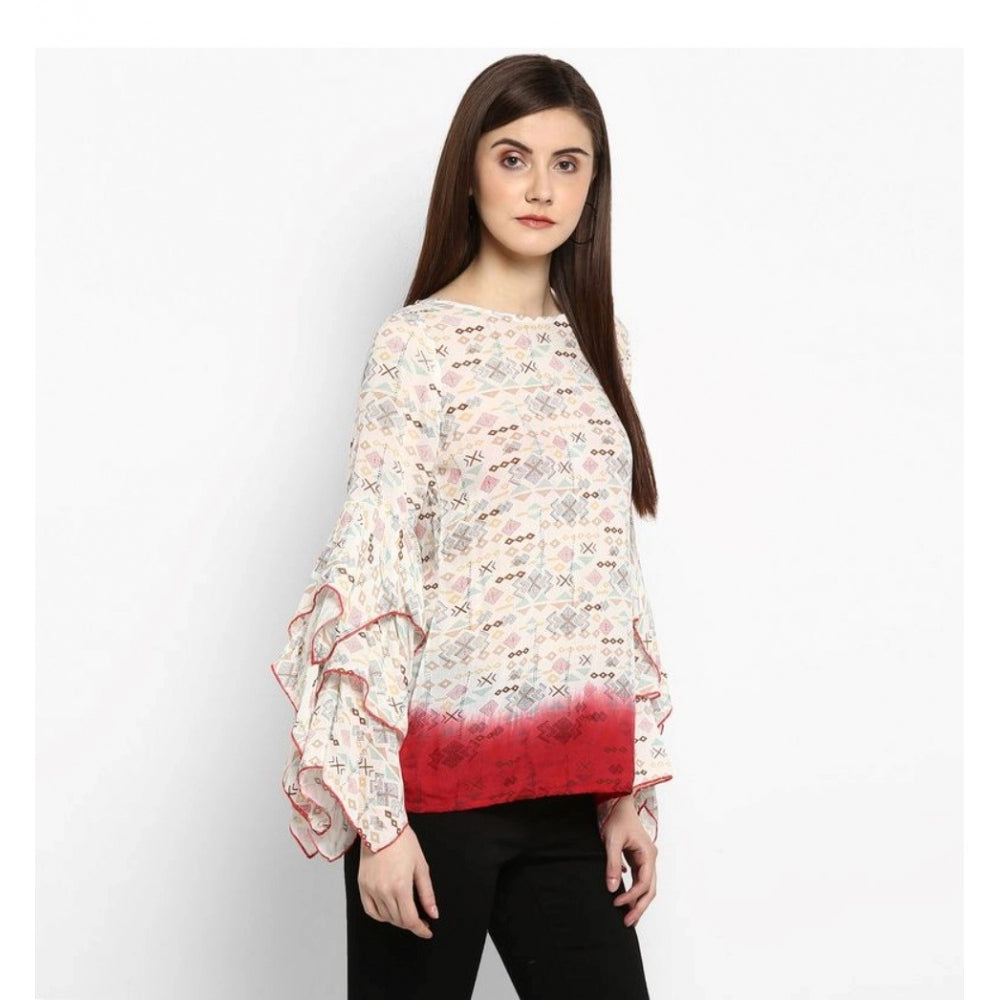 Off white and red rayon crepe printed ruffle sleeve top for women, stylish round neck fashion on mannequin