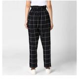 Black & white checkered polyester elastic trousers for women - versatile casual wear
