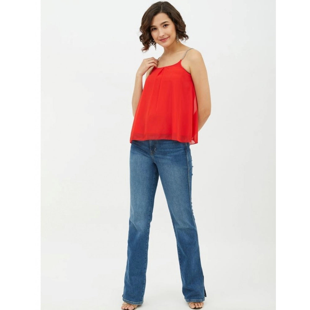Red embellished polyester top with shoulder straps, detailed design for women's fashion