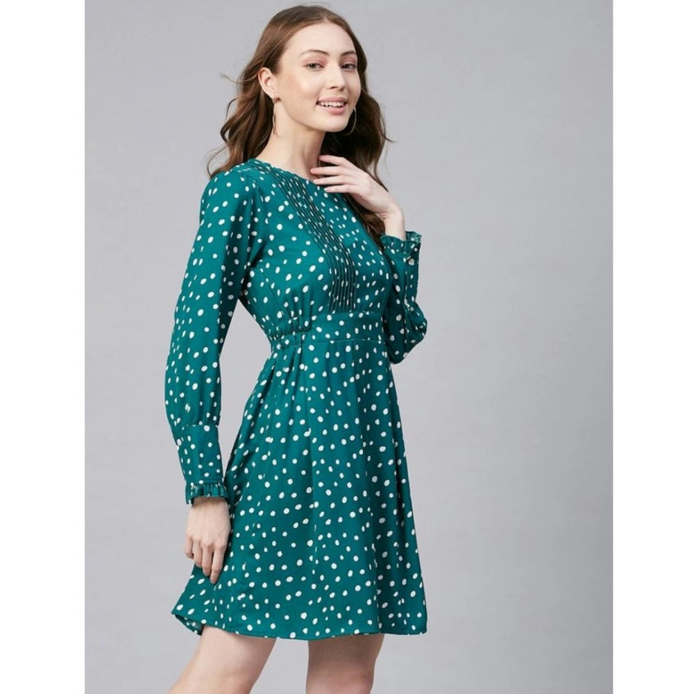 Green polka dot long sleeve dress with a crew neck for women