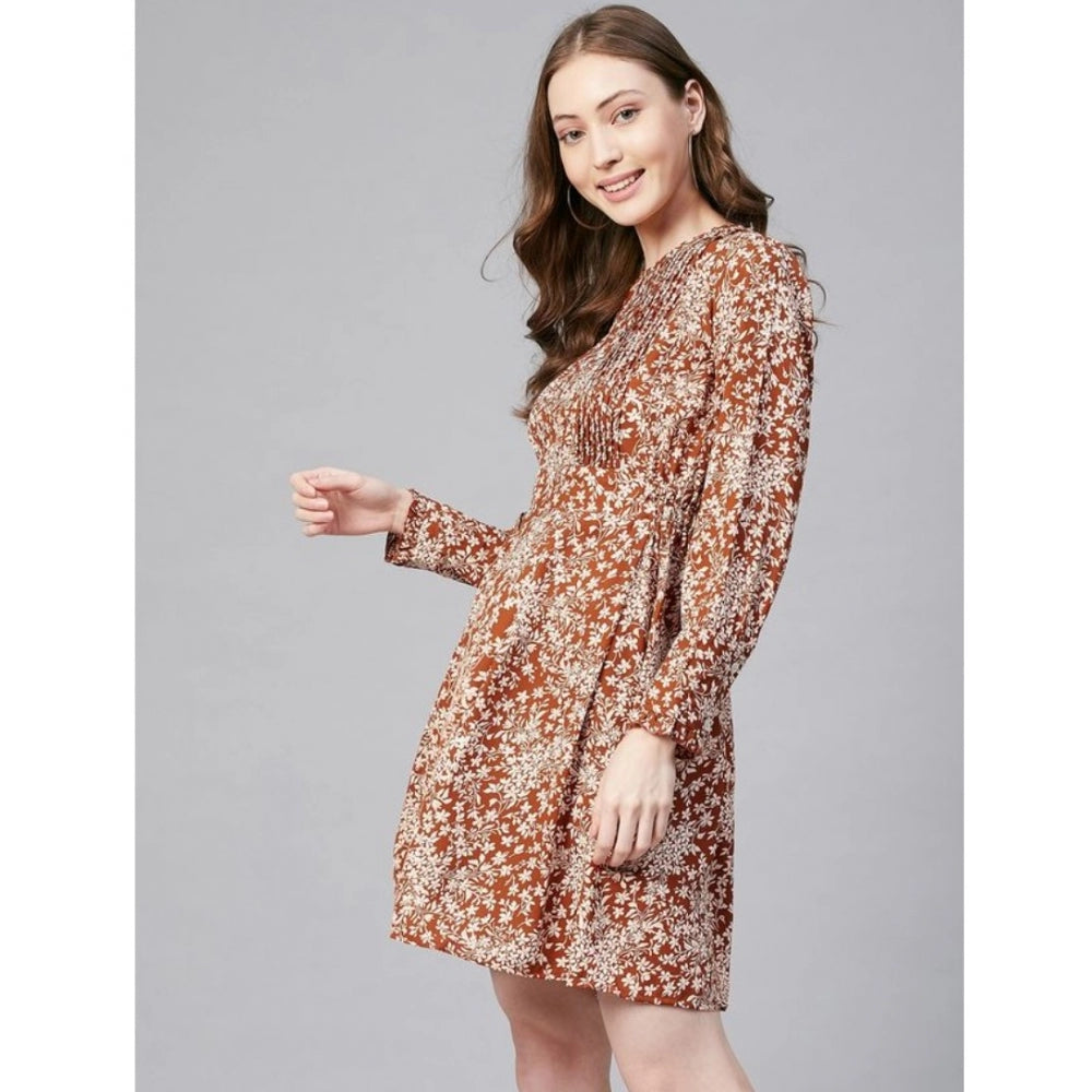 Women's rust polyester floral long sleeves above knee dress