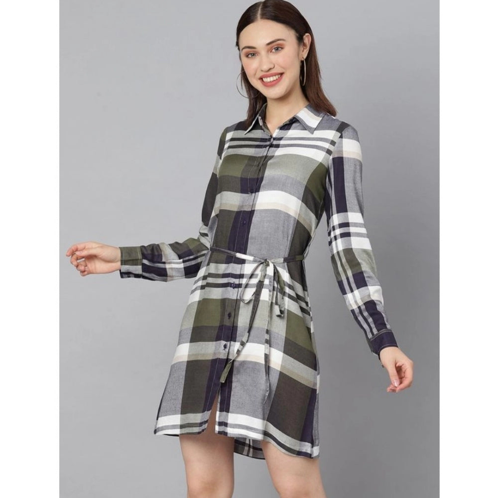 Women's cotton checkered long sleeves dress, above knee length, olive and white color