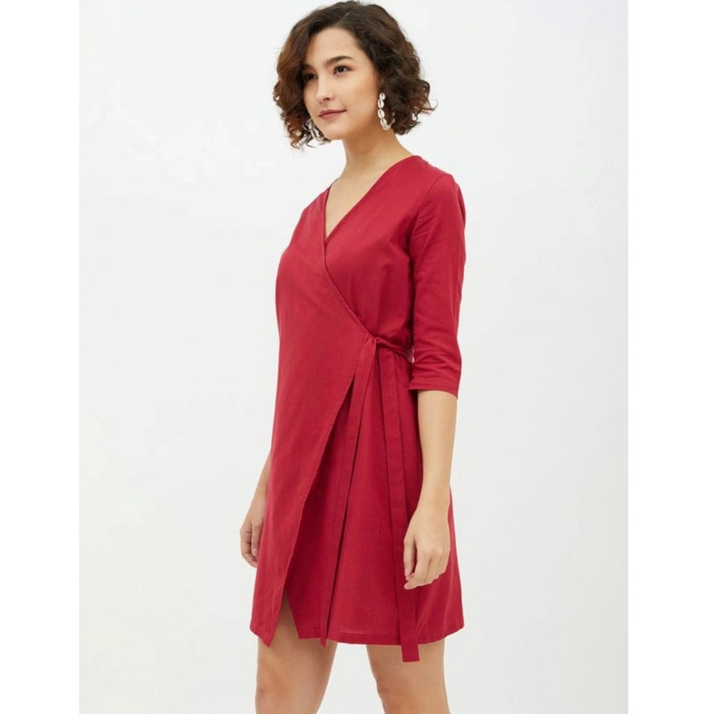 Red cotton wrap dress with long sleeves, above knee length