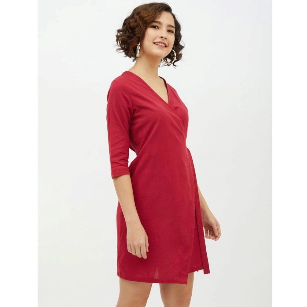 Maroon cotton wrap dress, long sleeves, women's fashion