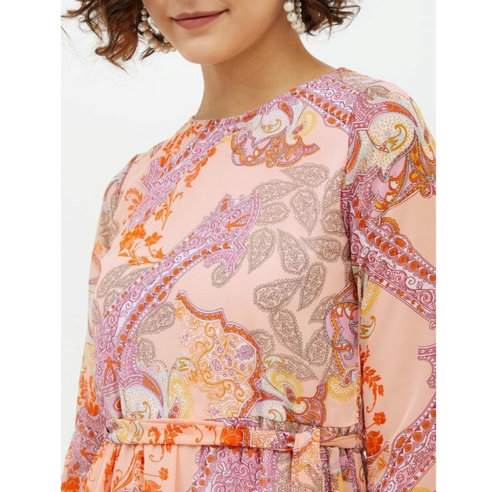 Multicolored print dress, long sleeves, polyester material, calflength style