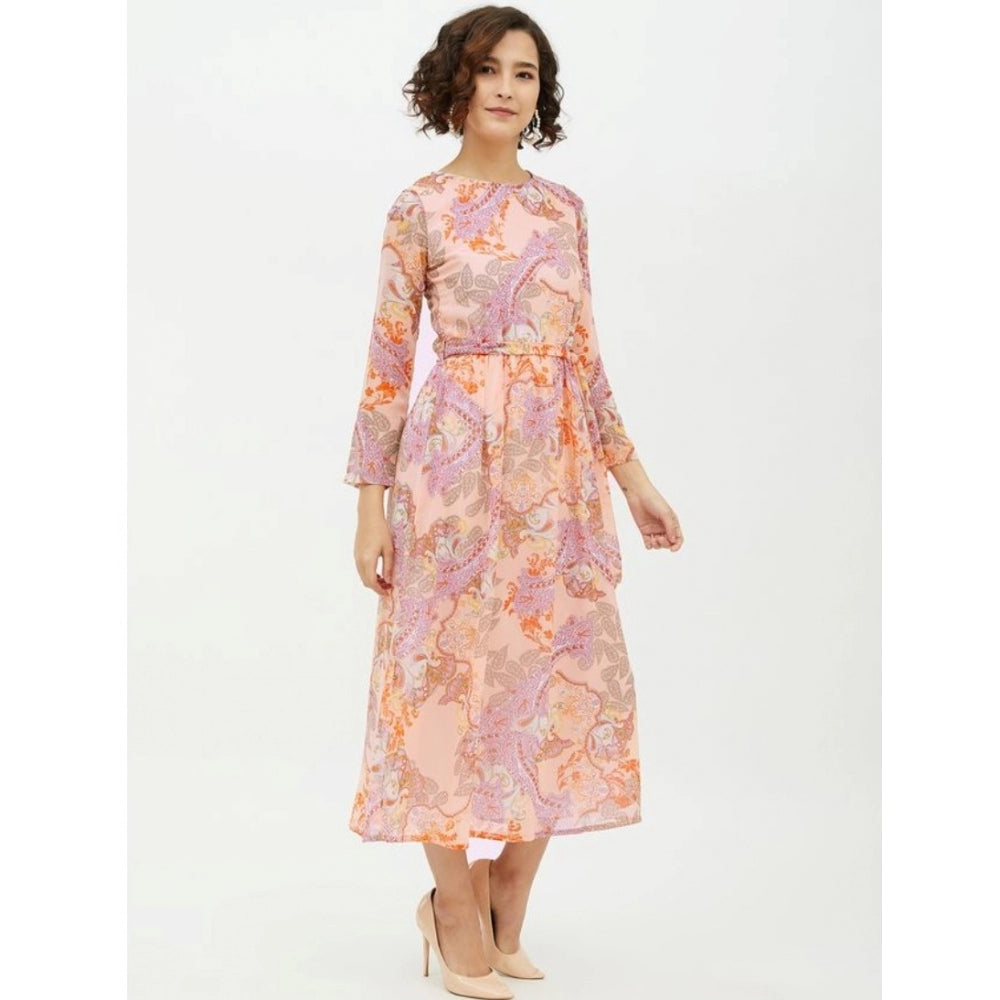 Multicolored polyester calflength dress with long sleeves, women's fashion