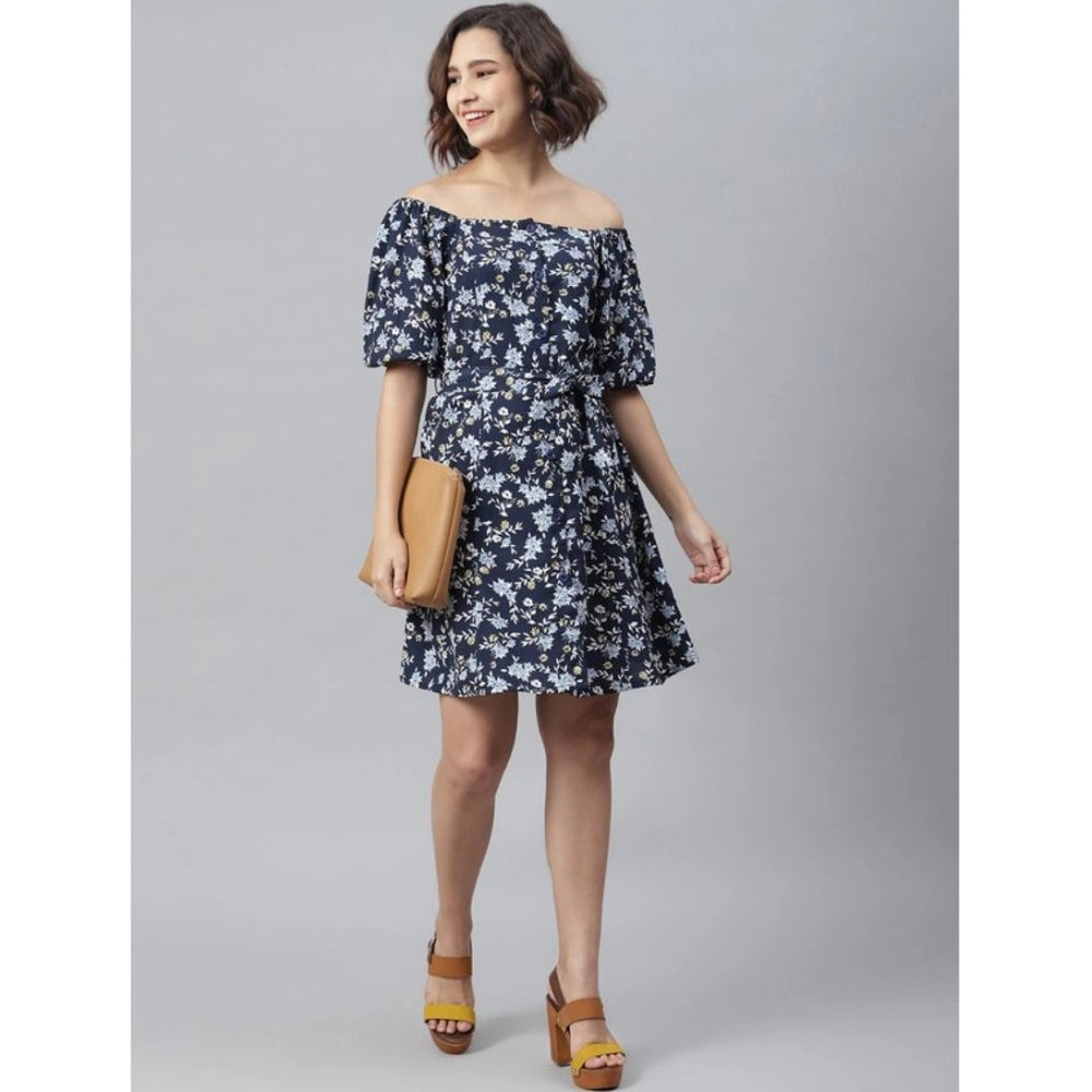 Womens blue polyester off shoulder half sleeve dress, above knee length
