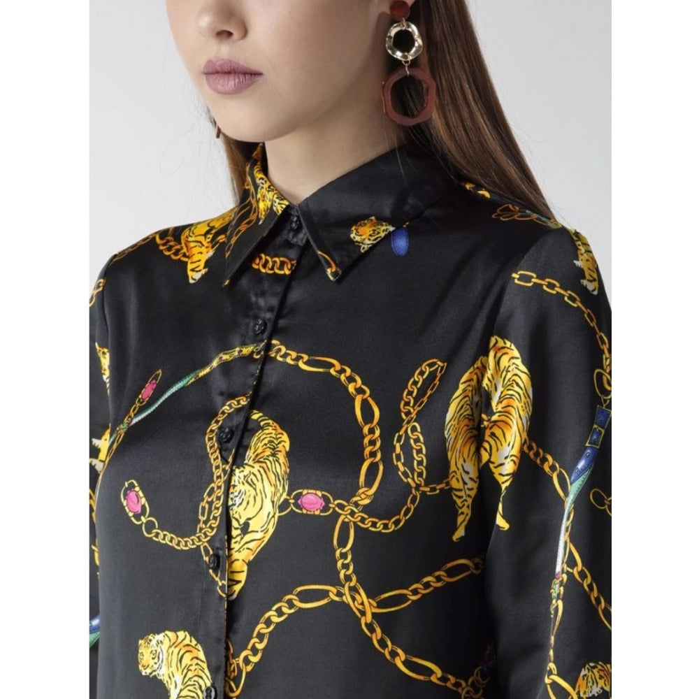 Black satin printed long sleeves shirt with gold detailing, women's fashion apparel on hanger