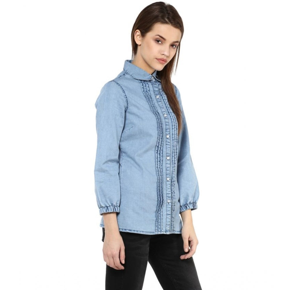Blue denim women's 3/4 sleeve solid shirt, casual style on hanger