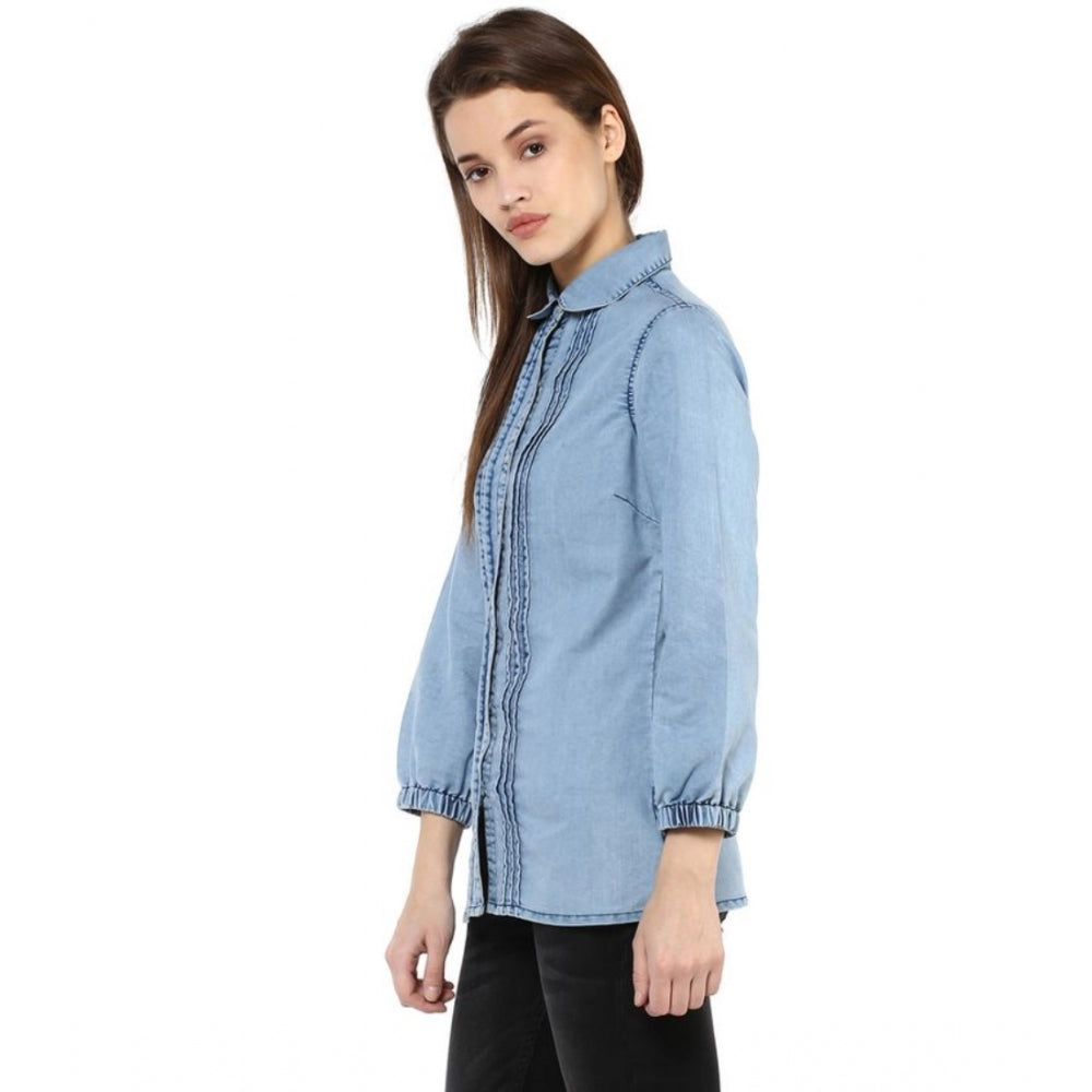 Blue denim women's 3/4 sleeve solid shirt, standard length - fashionable casual wear