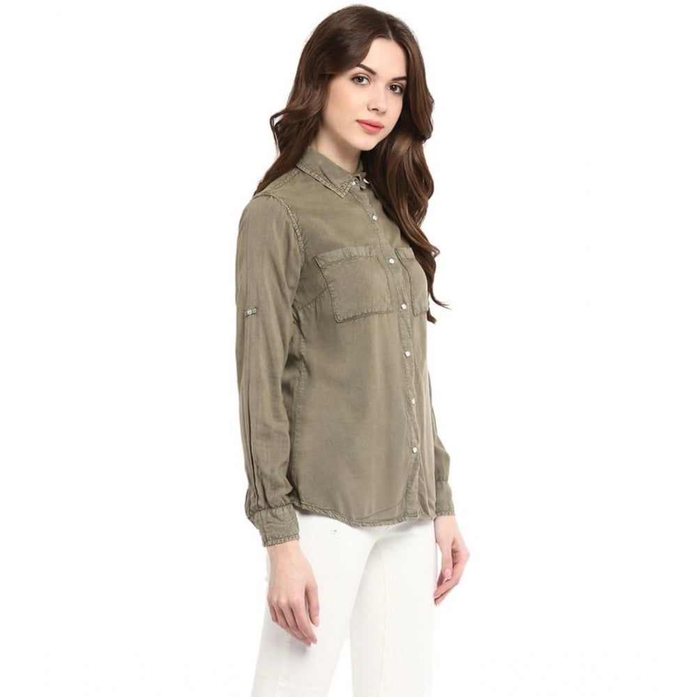 Olive green rayon long sleeve shirt, solid pattern for women's casual wear