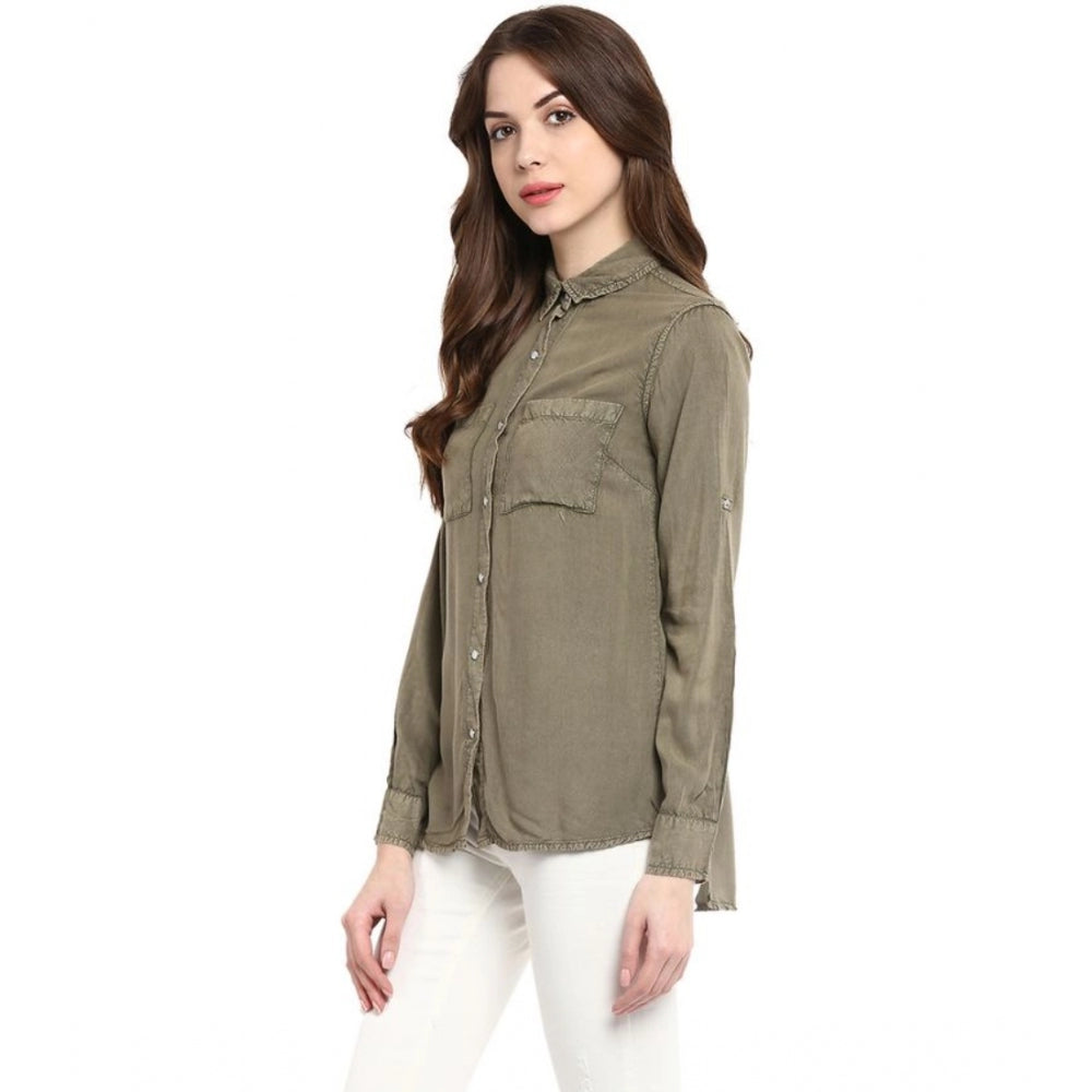 Olive green rayon solid long sleeves shirt for women, standard length on hanger