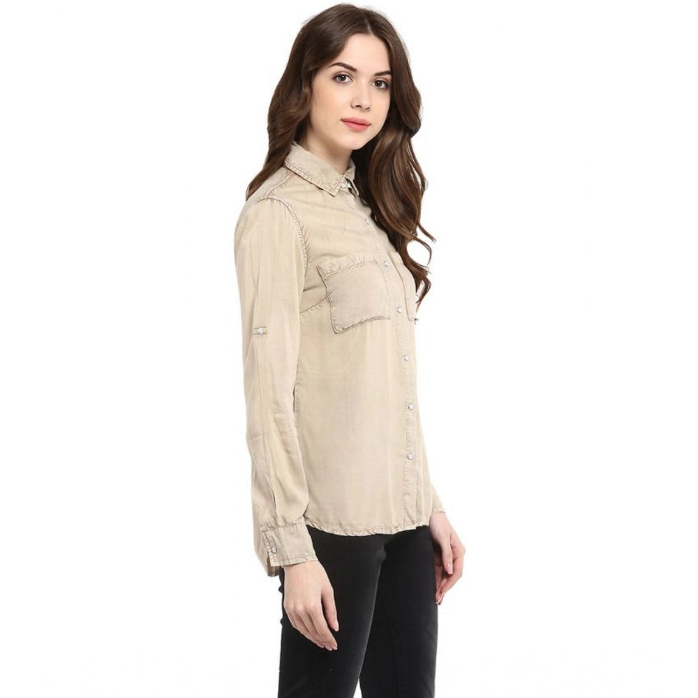 Beige rayon long-sleeve shirt, solid pattern for women's casual wear
