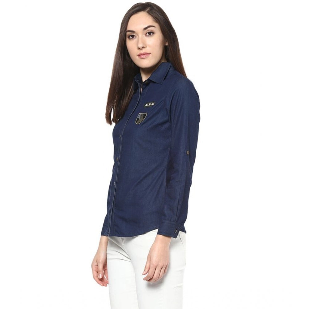 Blue denim patch work long sleeves shirt for women - standard length style