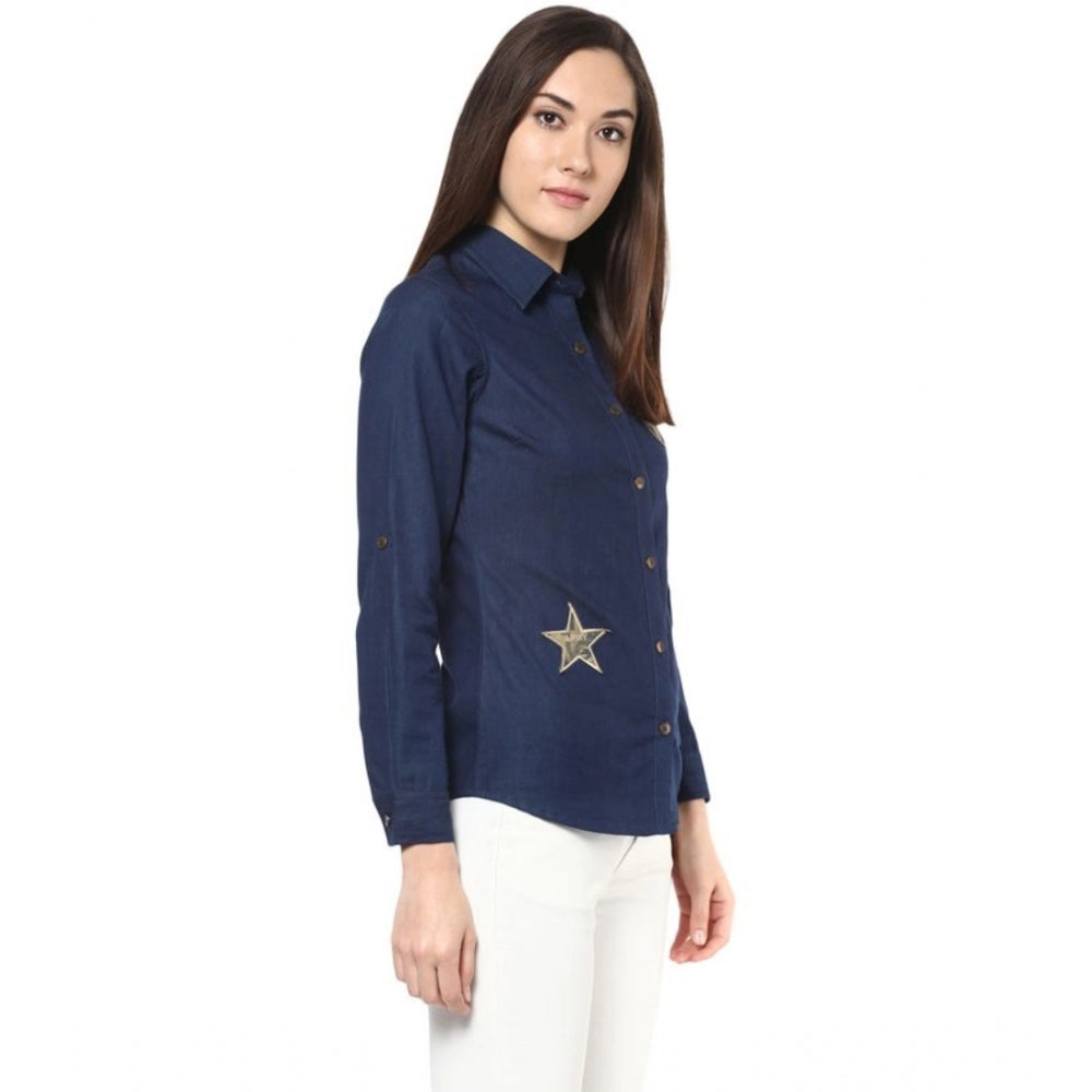 Blue denim patch work long sleeve shirt with collar on hanger