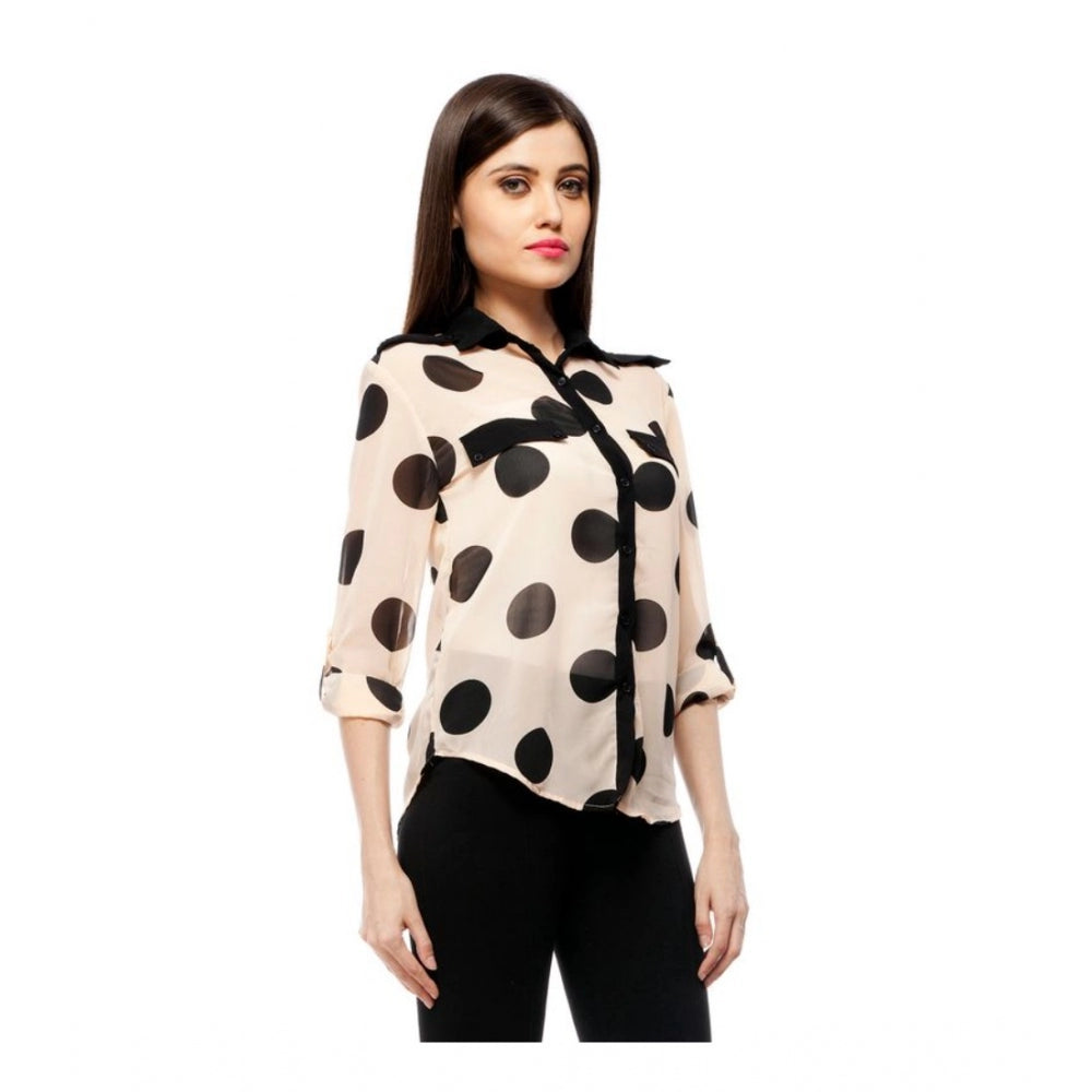Peach polyester polka roll-up sleeve women's shirt with standard length, stylish casual wear