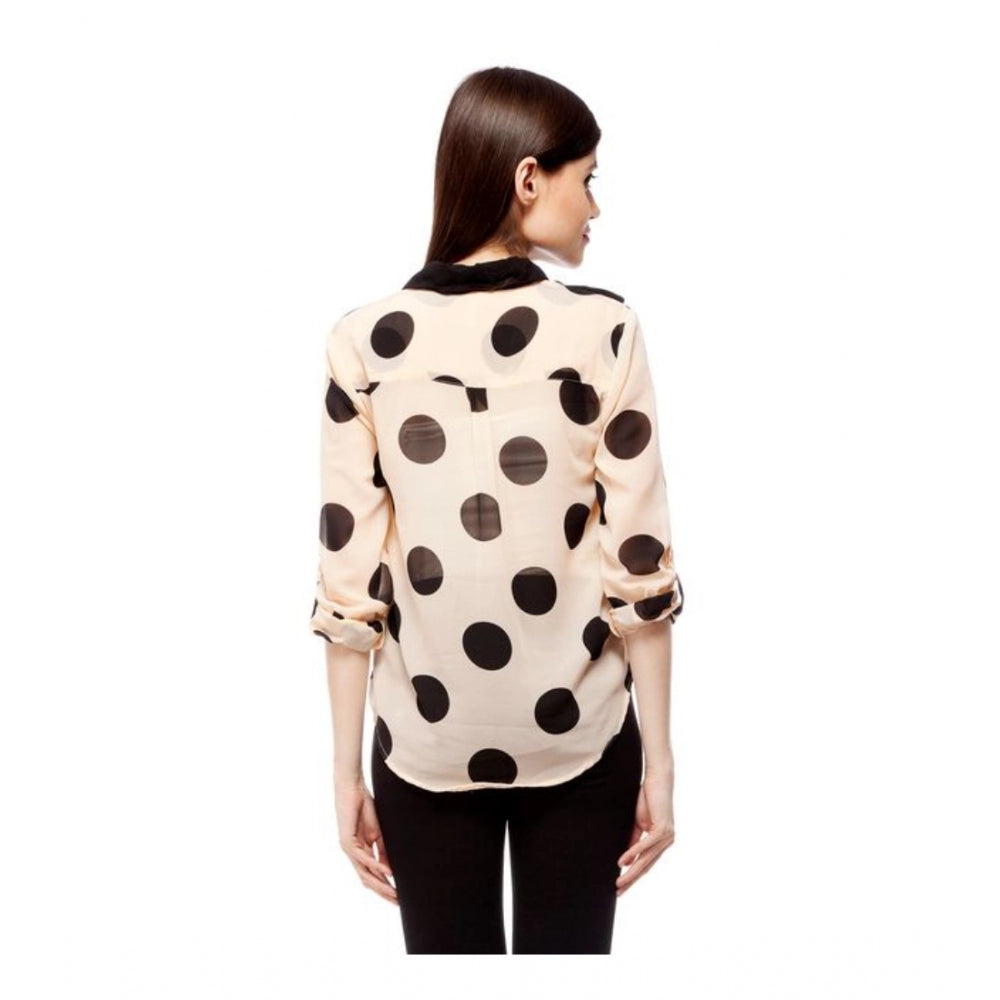 Peach polyester polka roll-up sleeve standard length shirt for women, casual wear with adjustable sleeves