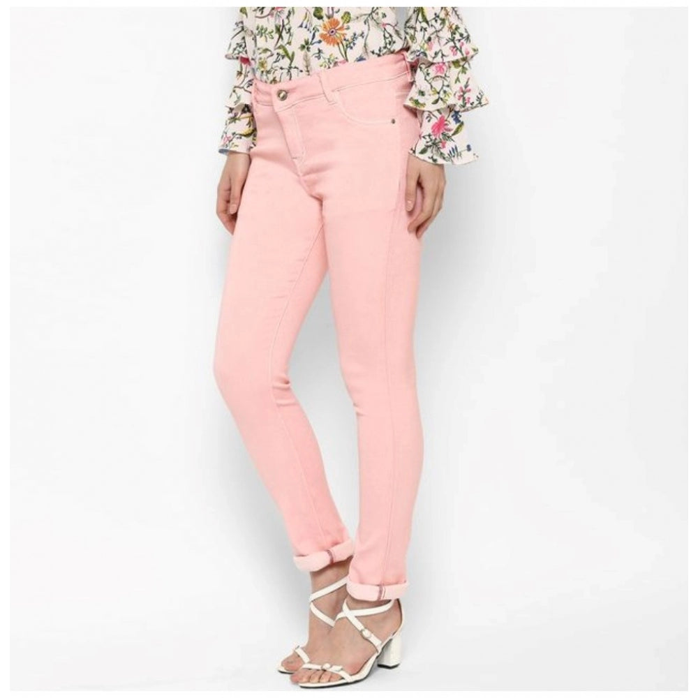 Pink denim solid-buttoned jeans for women, wearable casual wardrobe essential