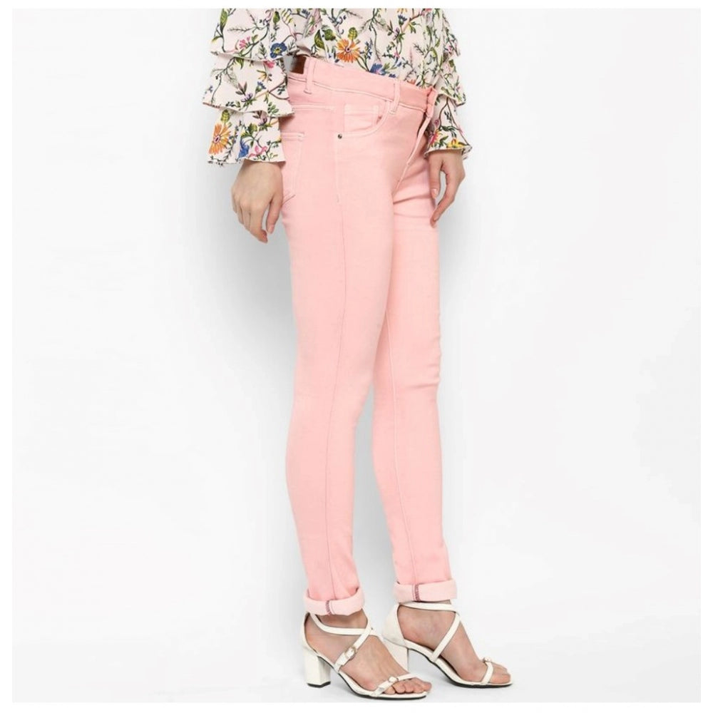 Pink denim solid-buttoned women's jeans, ideal for casual wear