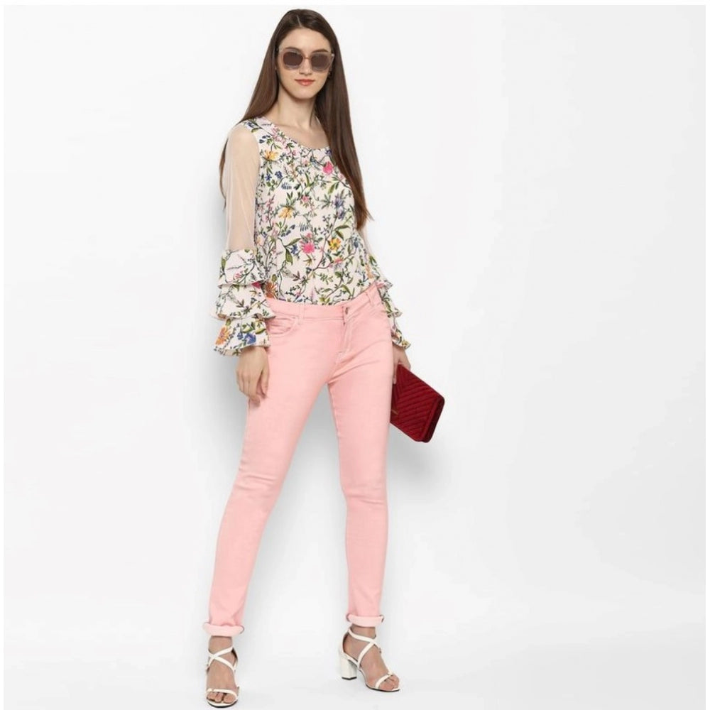 Pink denim women's solid buttoned jeans on model