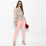 Pink denim women's solid buttoned jeans on model