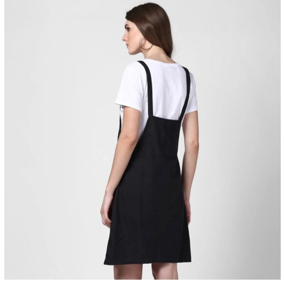 Black denim dungarees with solid shoulder straps, above-knee length for women's casual wear