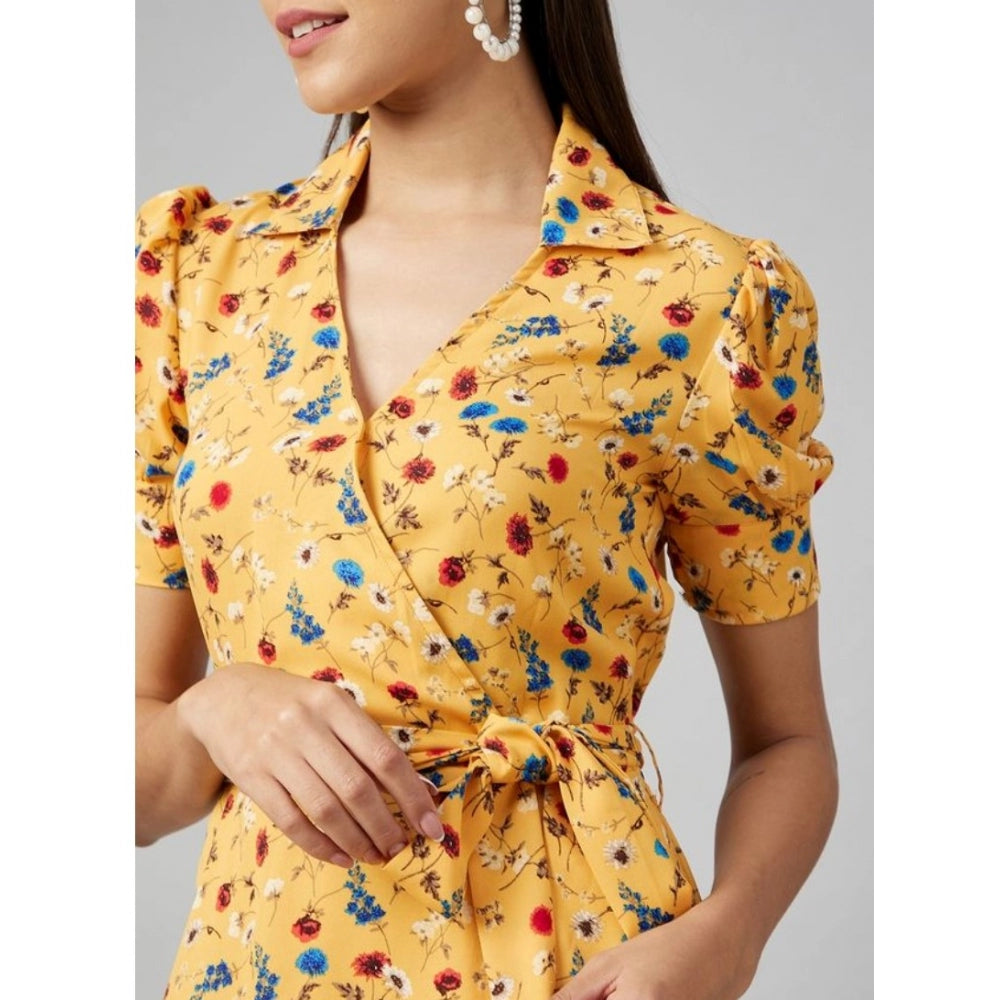 Yellow polyester floral short sleeve above knee dress for women's fashion