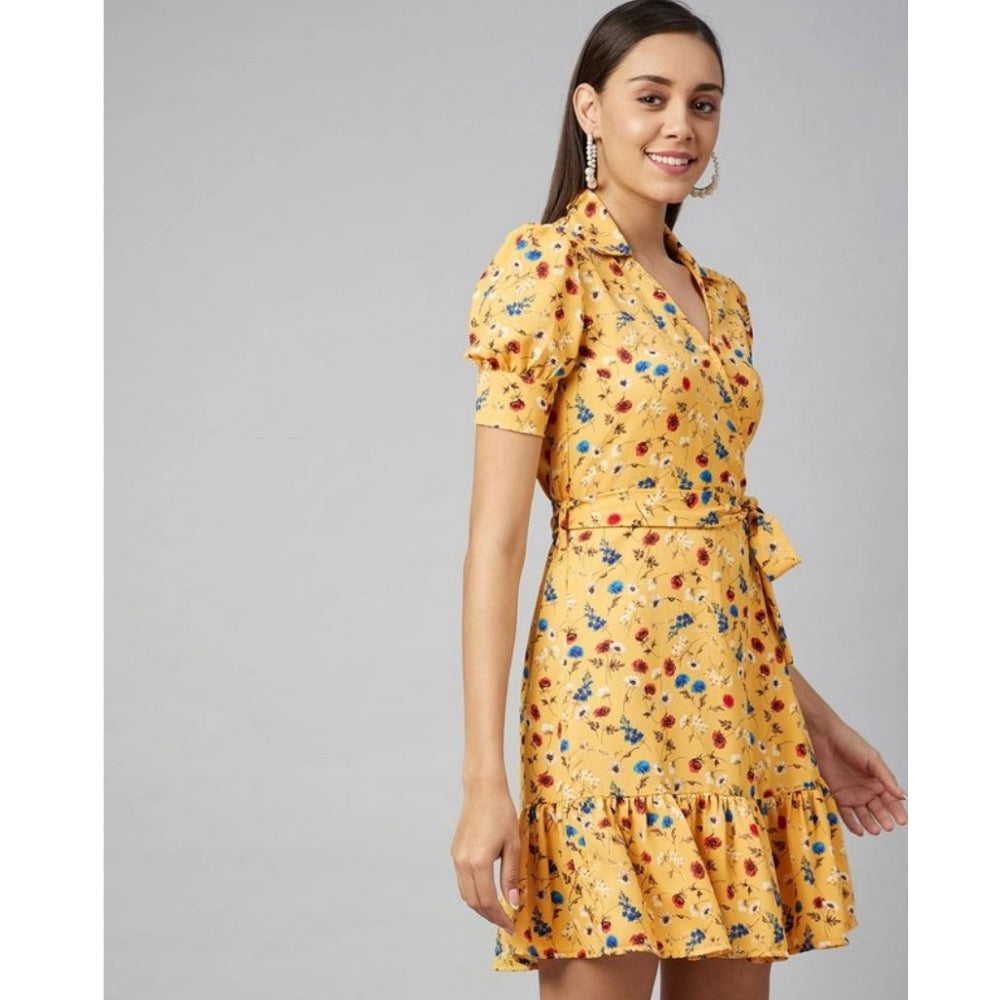 Yellow polyester floral short sleeve above knee dress with collar, perfect for summer events