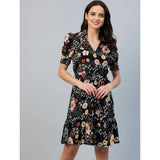 Women's polyester floral short sleeve above knee dress black