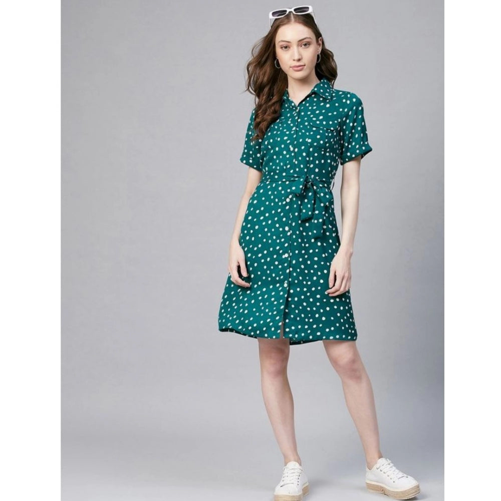 Short blue polka dot dress with white sleeves, crew neckline