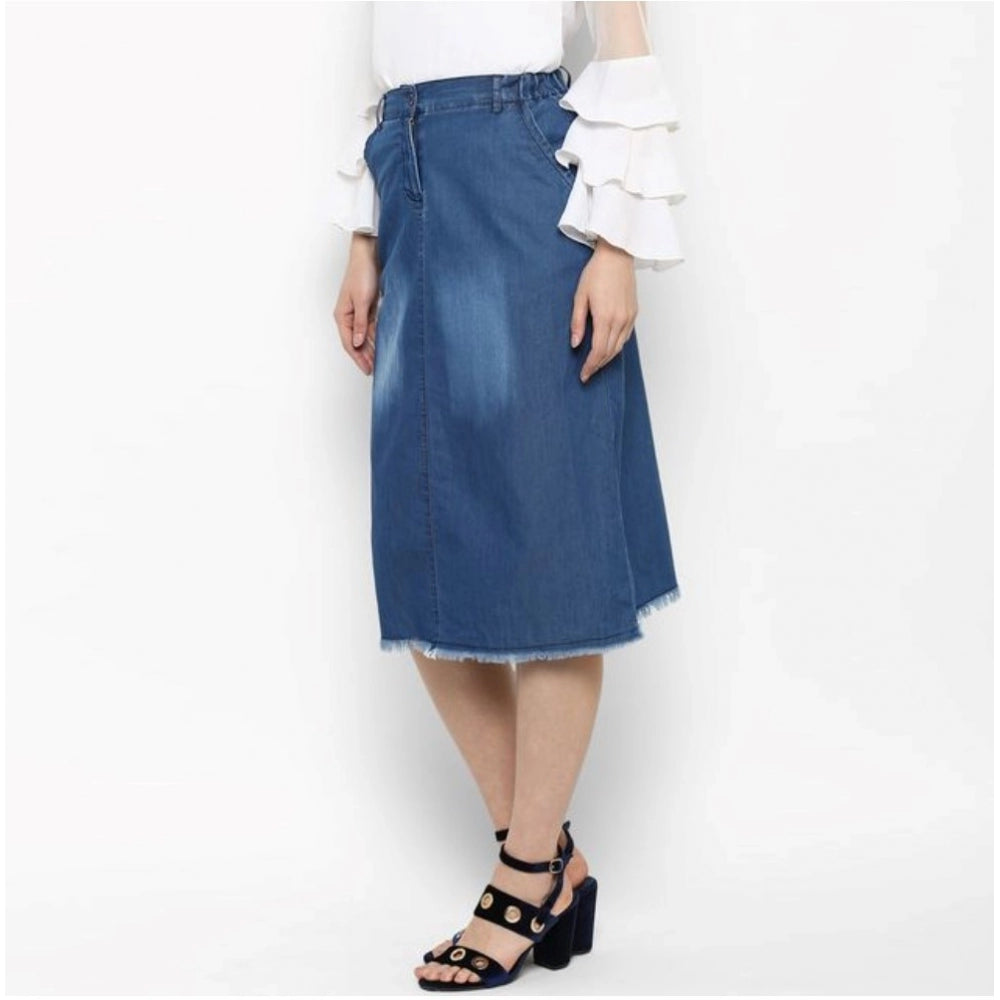 Blue denim washed buttoned skirt for women, casual style with belt loops