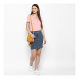 Blue denim women's skirt with front pocket and button waist