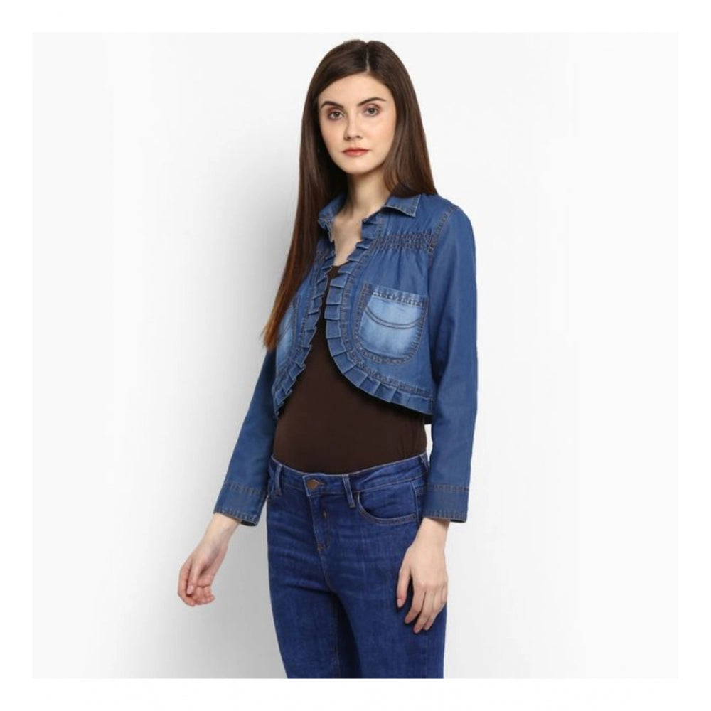 Blue denim pleated 3/4th sleeves shrug for women, casual yet stylish clothing accessory