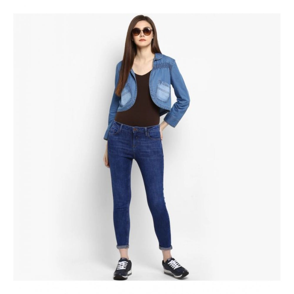 Blue denim smocking 3/4th sleeves shrug with detailed pattern, women's casual wear accessory