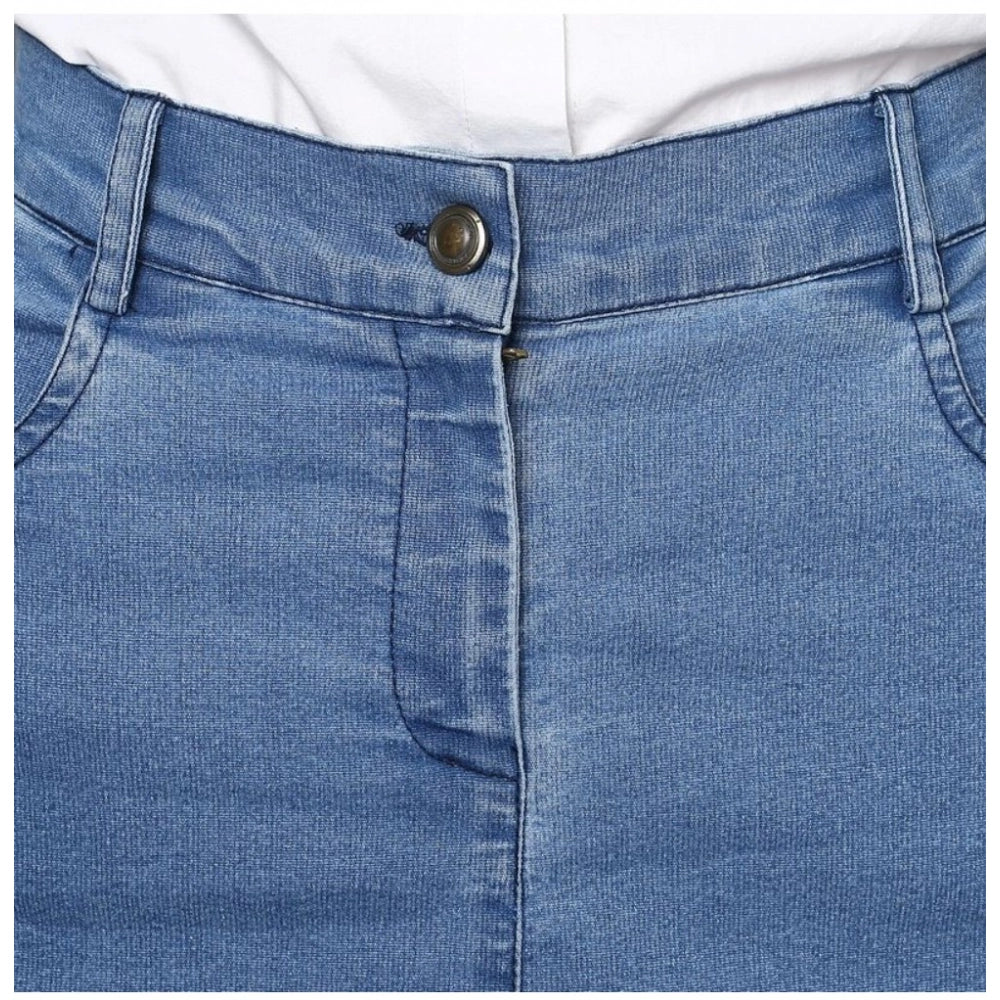 Blue denim women's skirt with washed pattern and buttoned waist, fashionable skirt on mannequin
