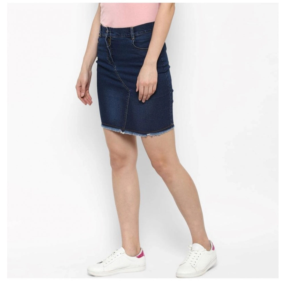 Blue denim stitching pattern buttoned skirt for women