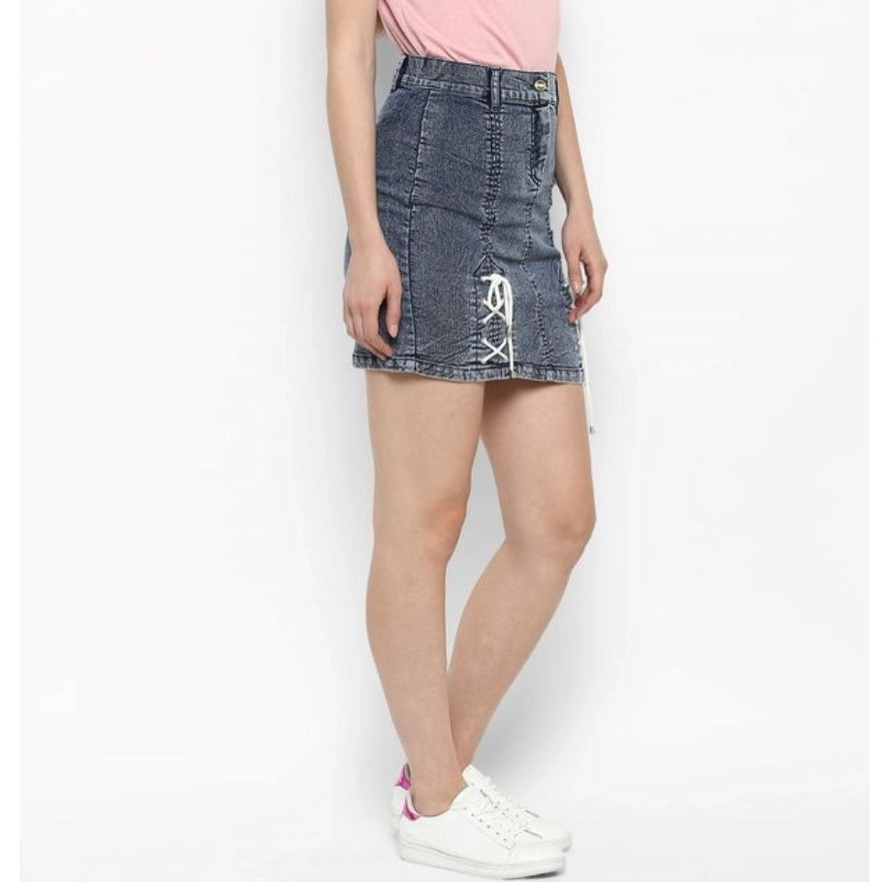 Women's Denim Tie Up Buttoned Skirt (Blue) - GillKart