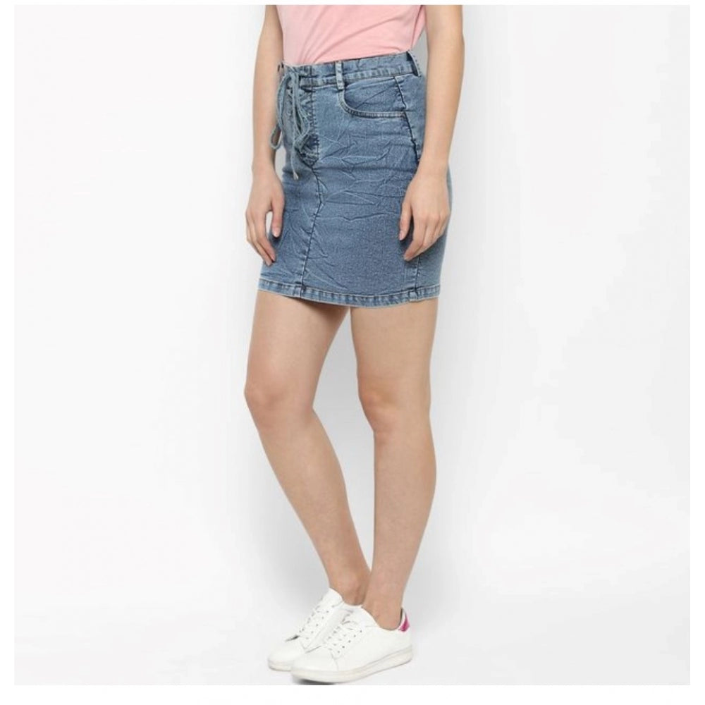 Blue denim draw string buttoned skirt for women