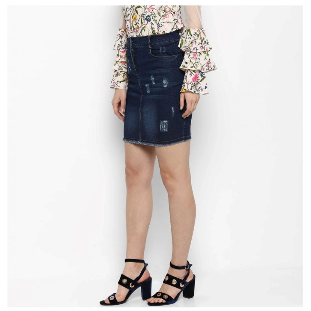 Blue denim distressed buttoned skirt for women, distressed pattern detail on display