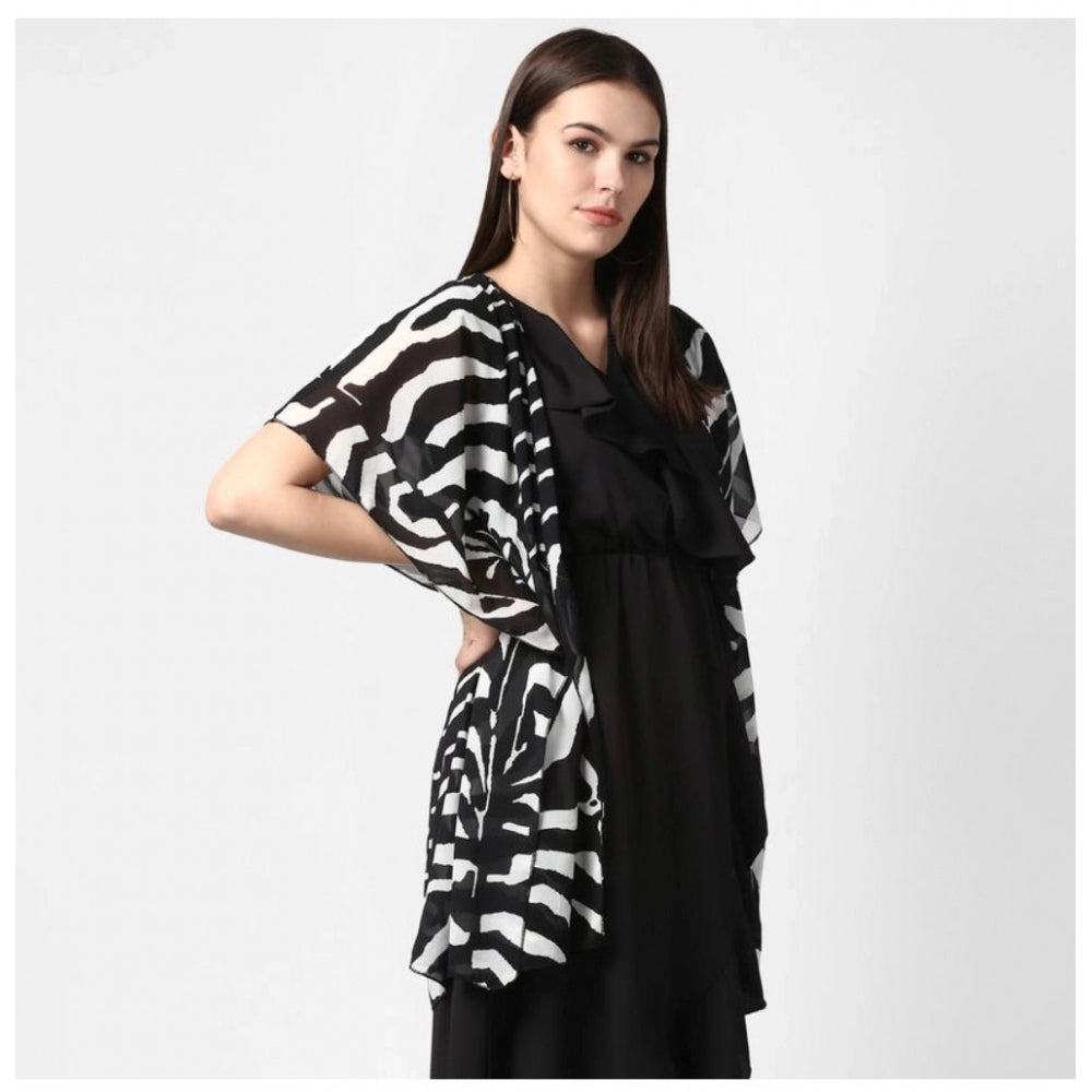 Black polyester printed short sleeve shrug with V neck, vibrant pattern design for women's casual wear