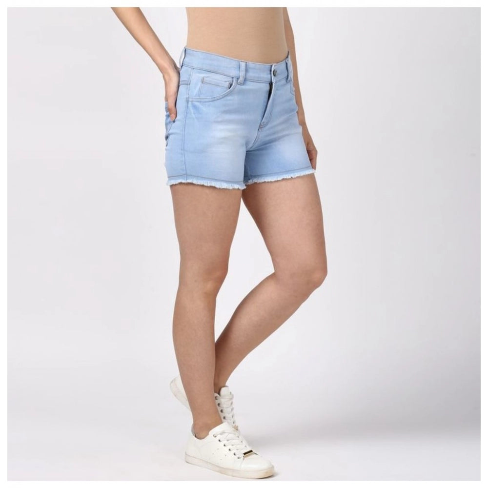 Blue denim women's solid buttoned shorts on model, stylish casual apparel for summer