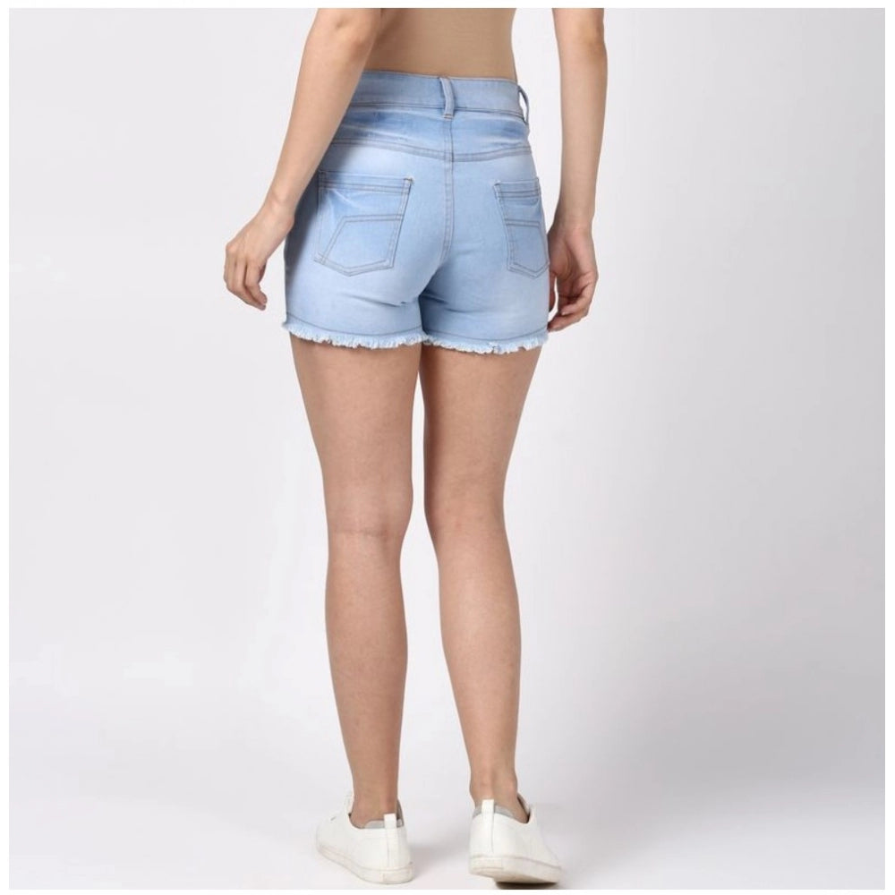 Blue denim women's solid buttoned shorts on model