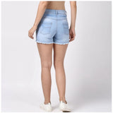 Blue denim women's solid buttoned shorts on model